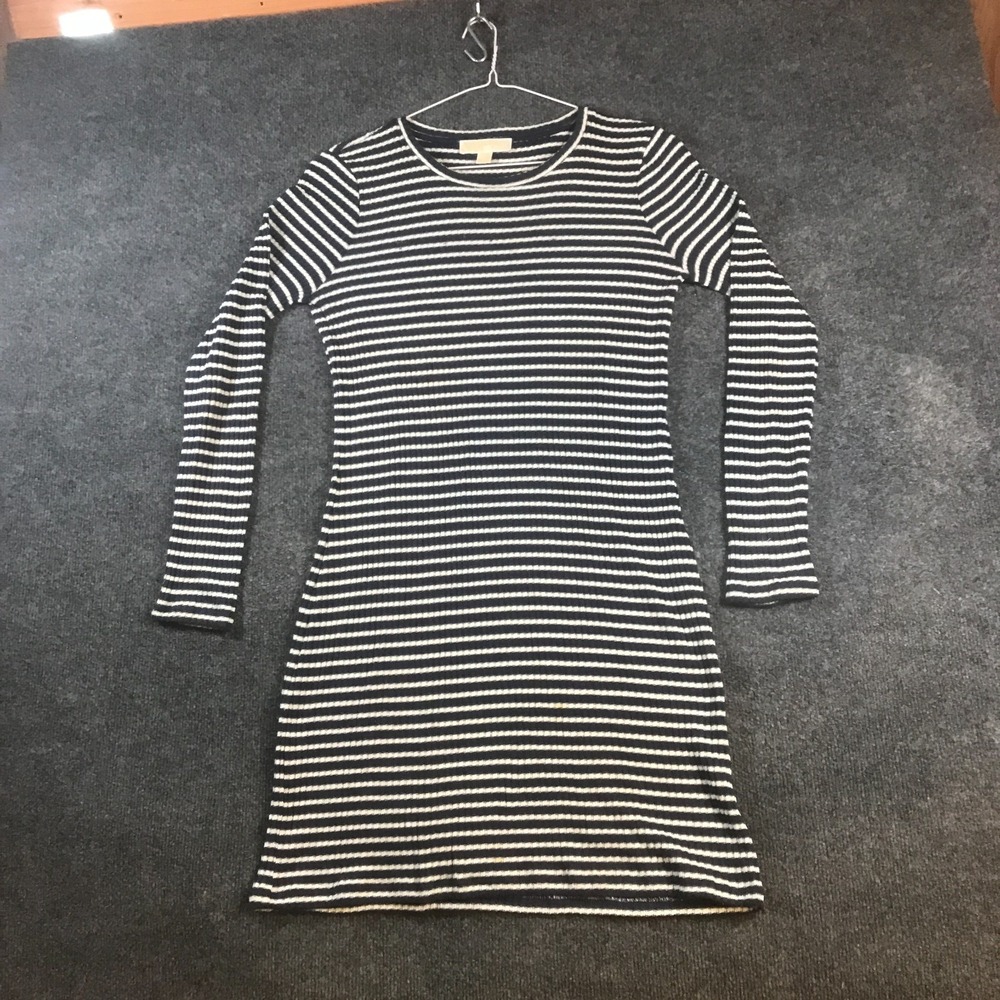 Michael Kors Bodycon Sweater Dress Womens Medium Blue White Striped Knit Outdoor